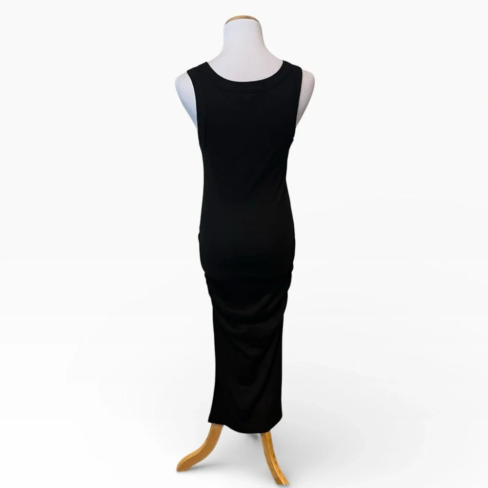 MICHAEL STARS Black Ribbed Midi V-Neck Side Slit Dress SMALL Lori Revolve Ruched - Picture 6 of 10